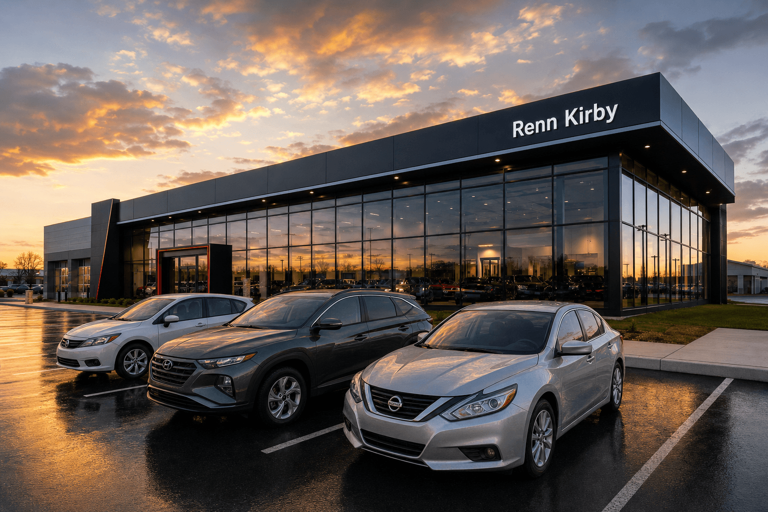 Electric crossover on Renn Kirby Frederick Auto lot at dusk